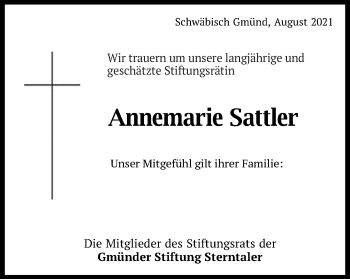 Traueranzeige von Annemarie Sattler von Gmünder Tagespost
