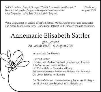Traueranzeige von Annemarie Elisabeth Sattler von Gmünder Tagespost