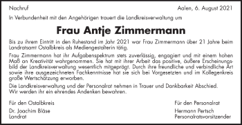 Traueranzeige von Antje Zimmermann von Schwäbische Post