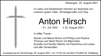 Traueranzeige von Anton Hirsch von Schwäbische Post