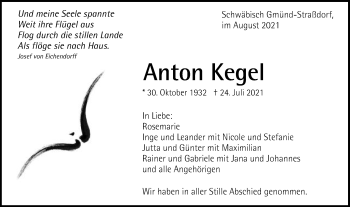 Traueranzeige von Anton Kegel von Gmünder Tagespost