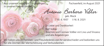 Traueranzeige von Antonie Barbara Voßler von Schwäbische Post