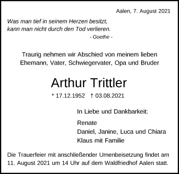 Traueranzeige von Arthur Trittler von Schwäbische Post