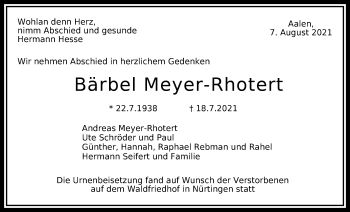 Traueranzeige von Bärbel Meyer-Rhotert von Schwäbische Post