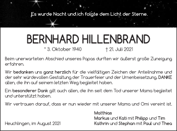 Traueranzeige von Bernhard Hillenbrand von Gmünder Tagespost