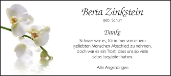 Traueranzeige von Berta Zinkstein von Schwäbische Post
