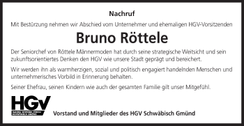 Traueranzeige von Bruno Röttele von Gmünder Tagespost