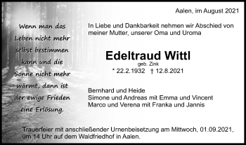Traueranzeige von Edeltraud Wittl von Schwäbische Post