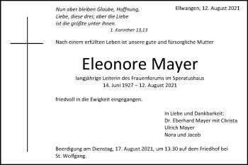 Traueranzeige von Eleonore Mayer