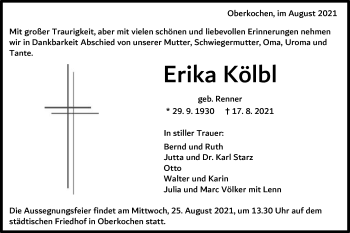 Traueranzeige von Erika Kölbl von Schwäbische Post