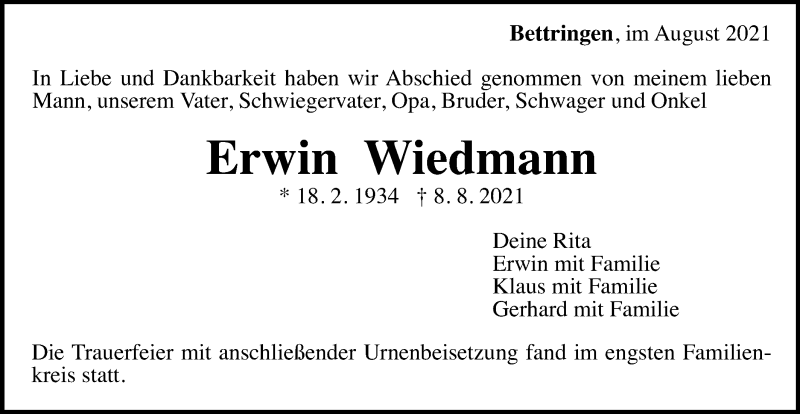  Traueranzeige für Erwin Wiedmann vom 18.08.2021 aus Gmünder Tagespost