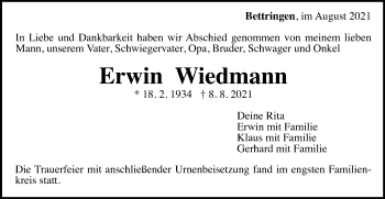Traueranzeige von Erwin Wiedmann von Gmünder Tagespost