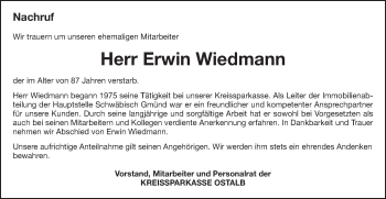 Traueranzeige von Erwin Wiedmann von Gmünder Tagespost