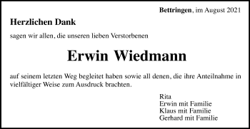 Traueranzeige von Erwin Wiedmann von Gmünder Tagespost