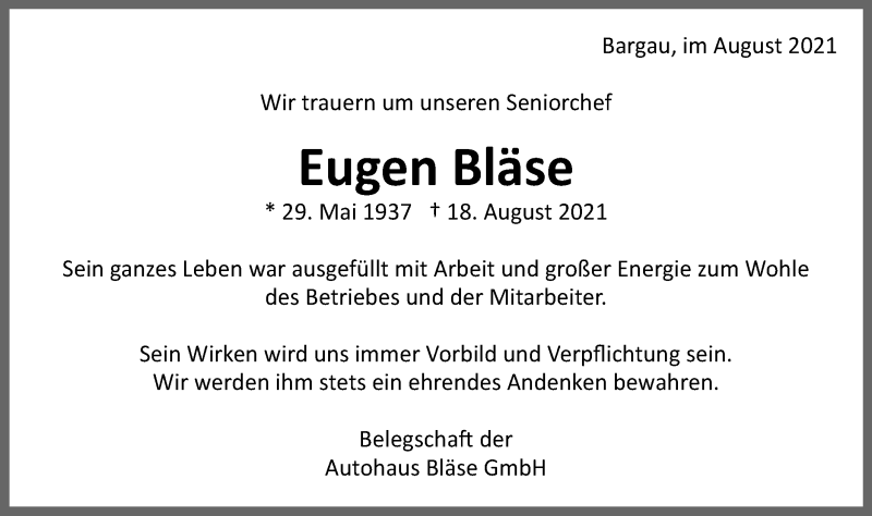  Traueranzeige für Eugen Bläse vom 27.08.2021 aus Gmünder Tagespost