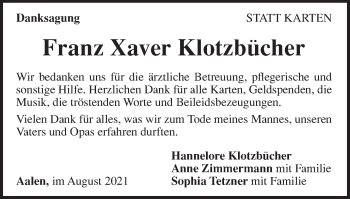 Traueranzeige von Franz Xaver Klotzbücher von Schwäbische Post