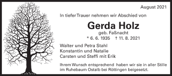 Traueranzeige von Gerda Holz von Schwäbische Post