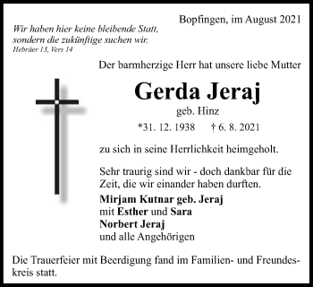Traueranzeige von Gerda Jeraj von Schwäbische Post