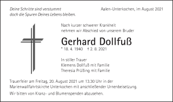 Traueranzeige von Gerhard Dollfuß von Schwäbische Post