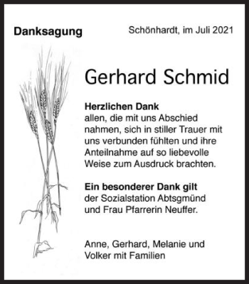 Traueranzeige von Gerhard Schmid von Gmünder Tagespost