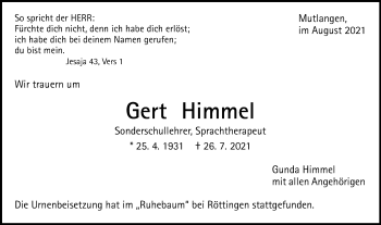 Traueranzeige von Gert Himmel von Gmünder Tagespost
