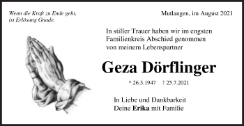 Traueranzeige von Geza Dörflinger von Gmünder Tagespost