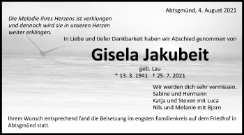 Traueranzeige von Gisela Jakubeit von Schwäbische Post