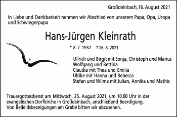 Traueranzeige von Hans-Jürgen Kleinrath von Gmünder Tagespost