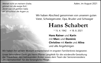 Traueranzeige von Hans Schabert von Schwäbische Post