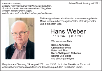 Traueranzeige von Hans Weber von Schwäbische Post