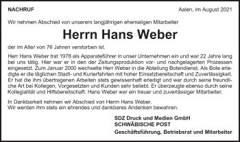 Traueranzeige von Hans Weber von Schwäbische Post
