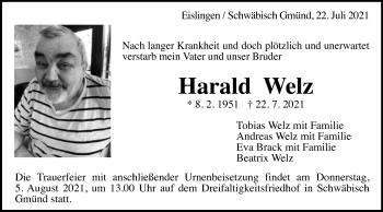 Traueranzeige von Harald Welz von Gmünder Tagespost