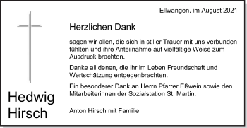 Traueranzeige von Hedwig Hirsch von Schwäbische Post