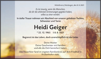 Traueranzeige von Heidi Geiger von Gmünder Tagespost