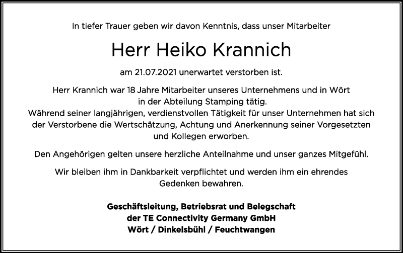  Traueranzeige für Heiko Krannich vom 03.08.2021 aus Schwäbische Post