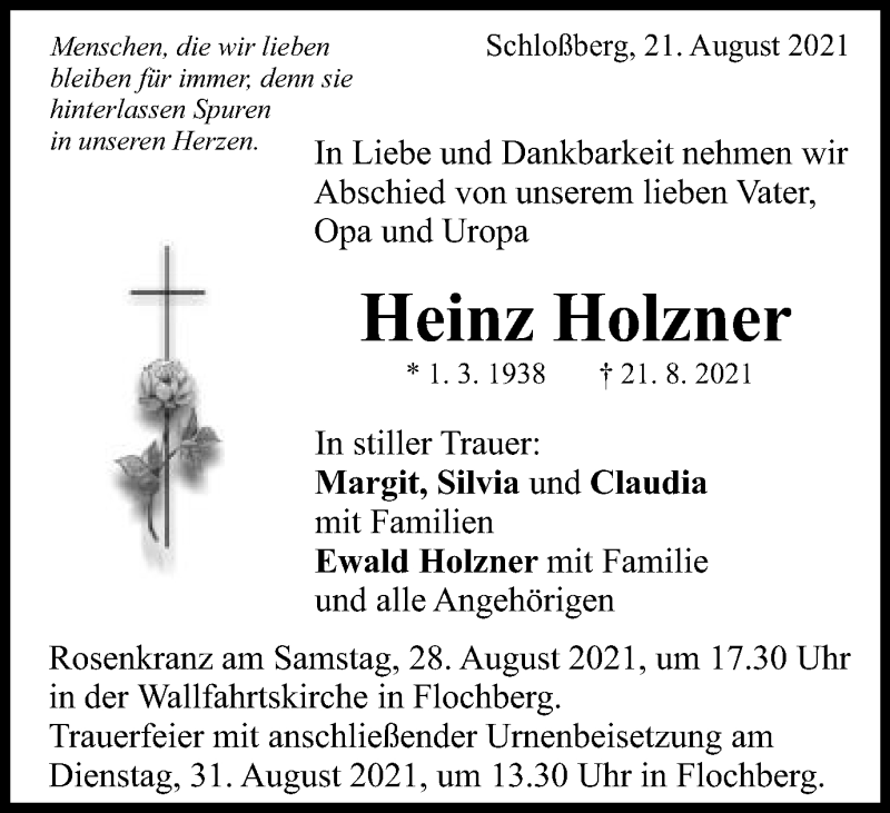  Traueranzeige für Heinz Holzner vom 26.08.2021 aus Schwäbische Post