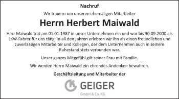 Traueranzeige von Herbert Maiwald von Schwäbische Post