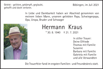 Traueranzeige von Hermann Kraus von Gmünder Tagespost