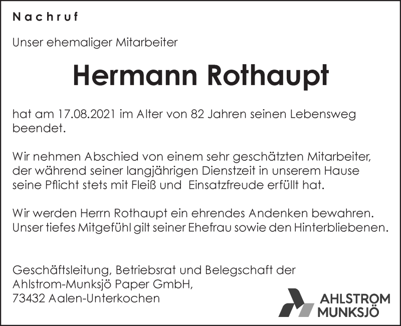  Traueranzeige für Hermann Rothaupt vom 26.08.2021 aus Schwäbische Post