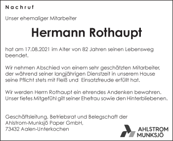 Traueranzeige von Hermann Rothaupt von Schwäbische Post