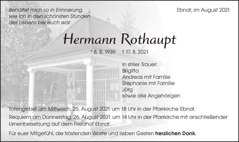  Traueranzeige für Hermann Rothaupt vom 24.08.2021 aus Schwäbische Post