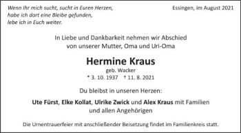 Traueranzeige von Hermine Kraus von Schwäbische Post