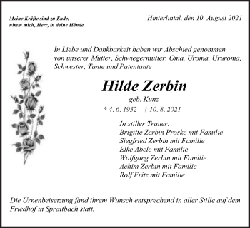 Traueranzeige von Hilde Zerbin von Gmünder Tagespost