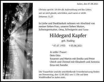 Traueranzeige von Hildegard Kapfer von Schwäbische Post