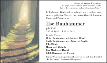 Traueranzeige von Ilse Bauhammer von Schwäbische Post