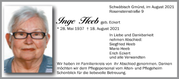 Traueranzeige von Inge Heeb von Gmünder Tagespost