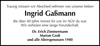 Traueranzeige von Ingrid Gaßmann von Gmünder Tagespost