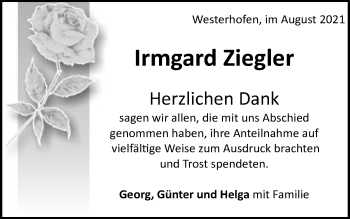 Traueranzeige von Irmgard Ziegler von Schwäbische Post
