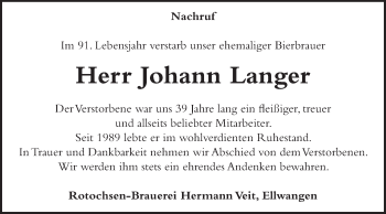 Traueranzeige von Johann Langer von Schwäbische Post