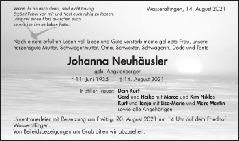Traueranzeige von Johanna Neuhäusler von Schwäbische Post